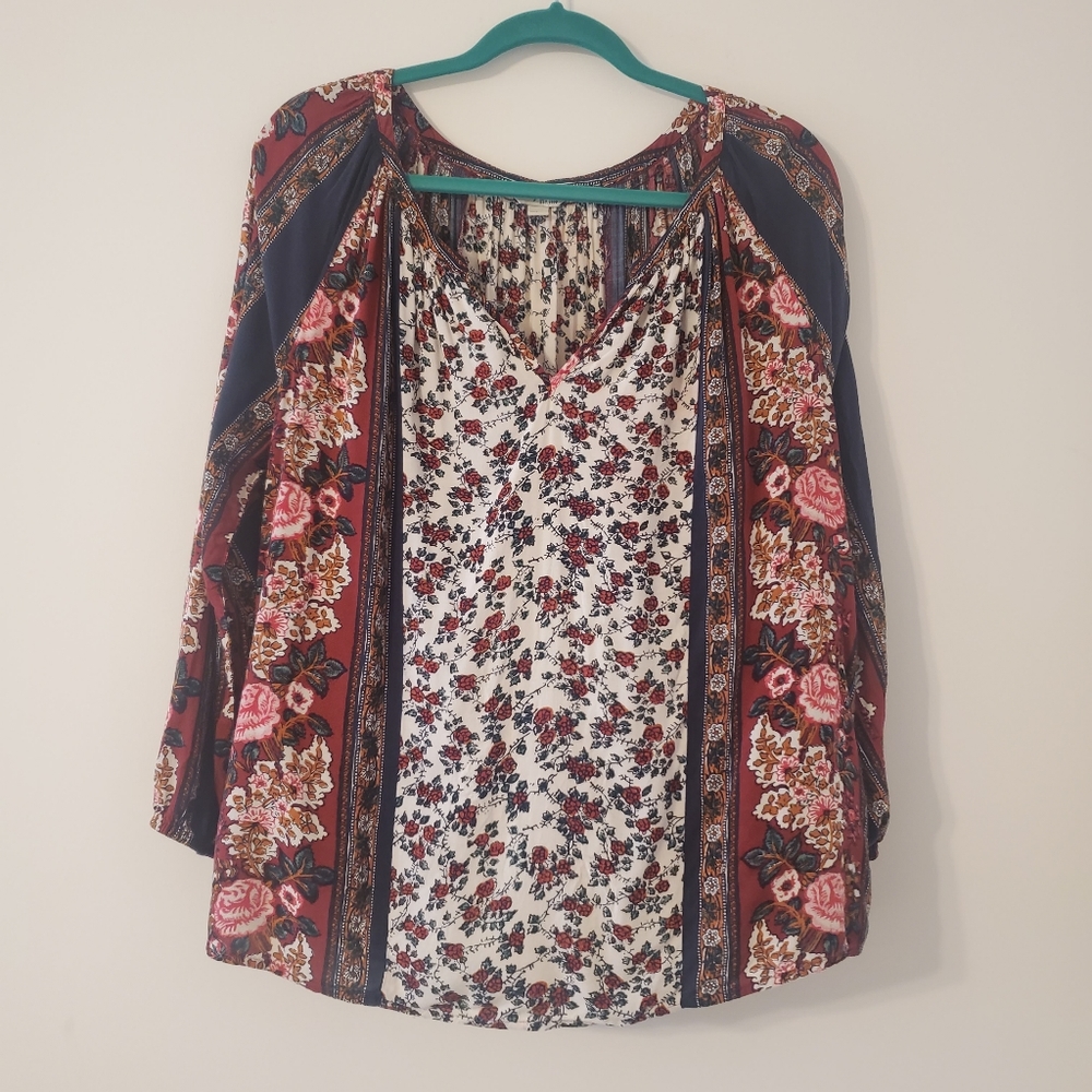 Lucky Brand Americiana 3/4 Sleeve Split Neck Blouse